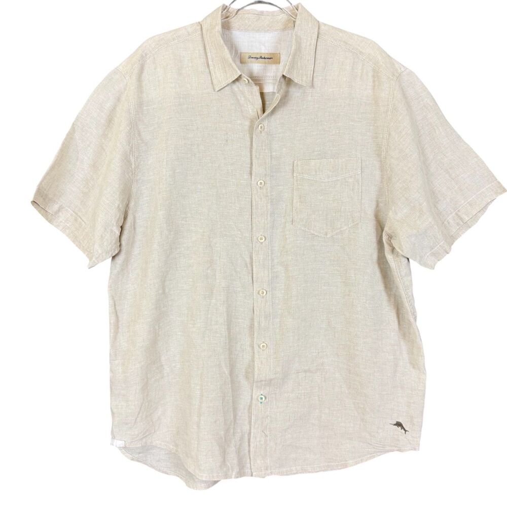 Tommy Bahama Mens Large Linen Short Sleeve Button Up Tan Beige Casual Shirt